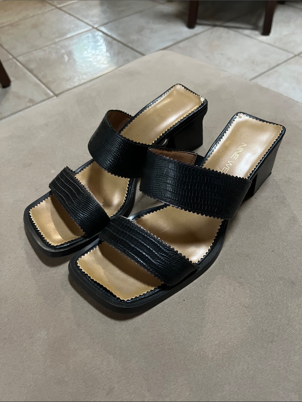 Black Textured Leather Block-Heel Slide Sandals